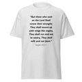 Unisex black t-shirt with Isaiah 40:31 Bible verse printed in black text on front