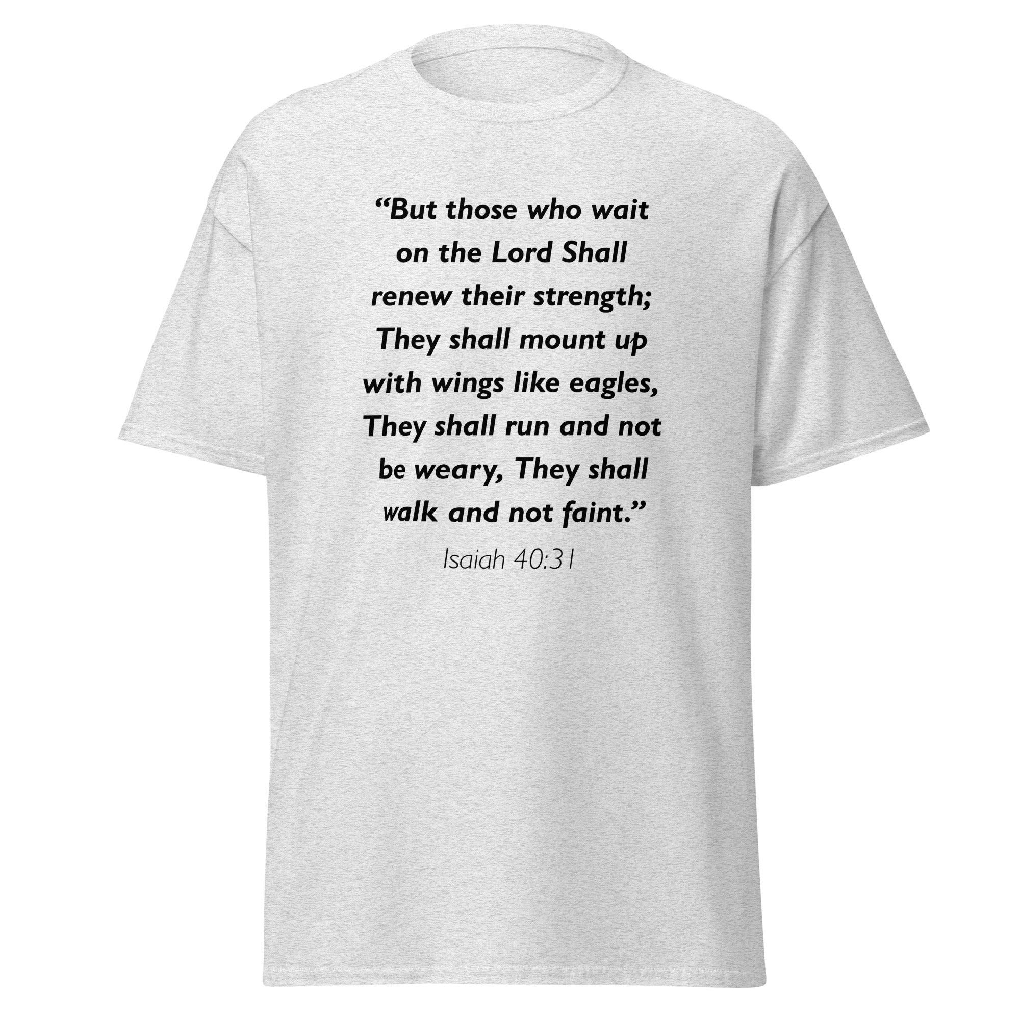 Unisex black t-shirt with Isaiah 40:31 Bible verse printed in black text on front