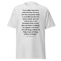 Unisex heather gray t-shirt with 1 Corinthians 13:4-7 Bible verse printed in black text on front