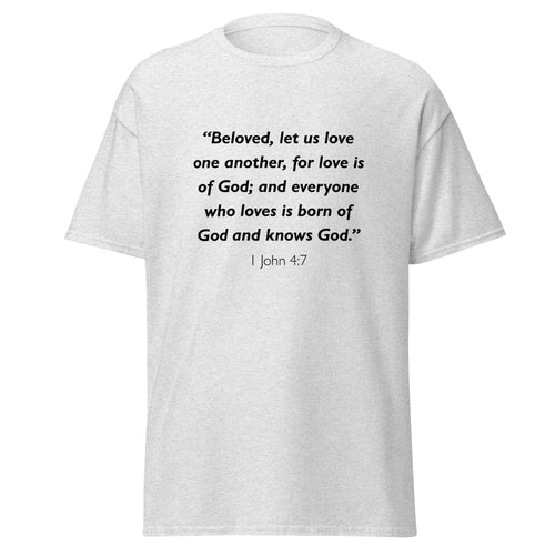 Unisex black t-shirt with 1 John 4:7 Bible verse printed in black text on front