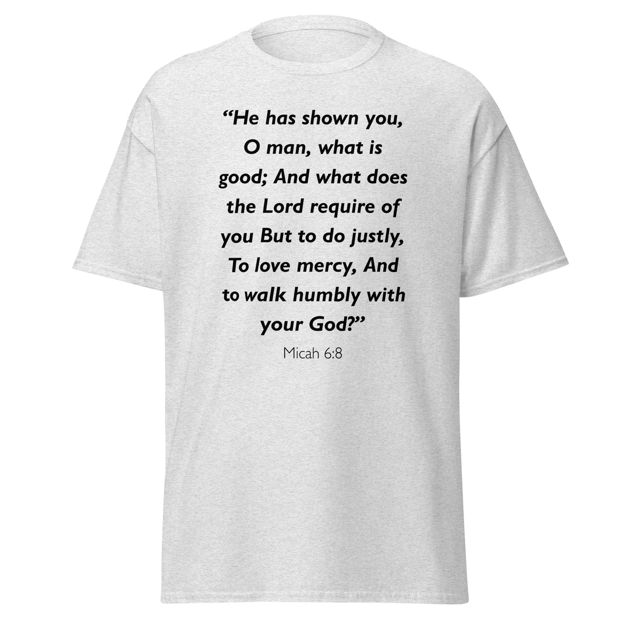 Unisex navy blue t-shirt with Micah 6:8 Bible verse printed in black text on front
