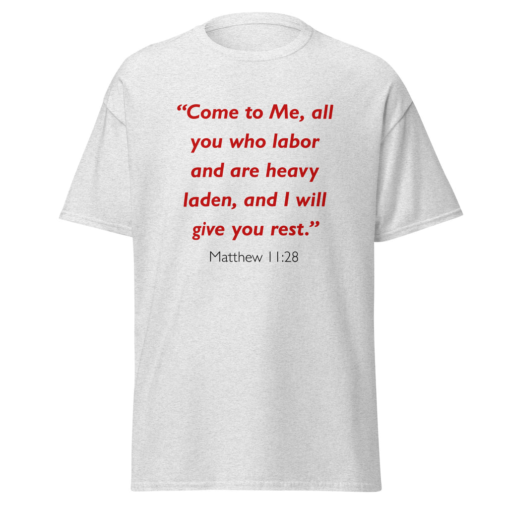 Unisex black t-shirt with Matthew 11:28 Bible verse printed in red text on front