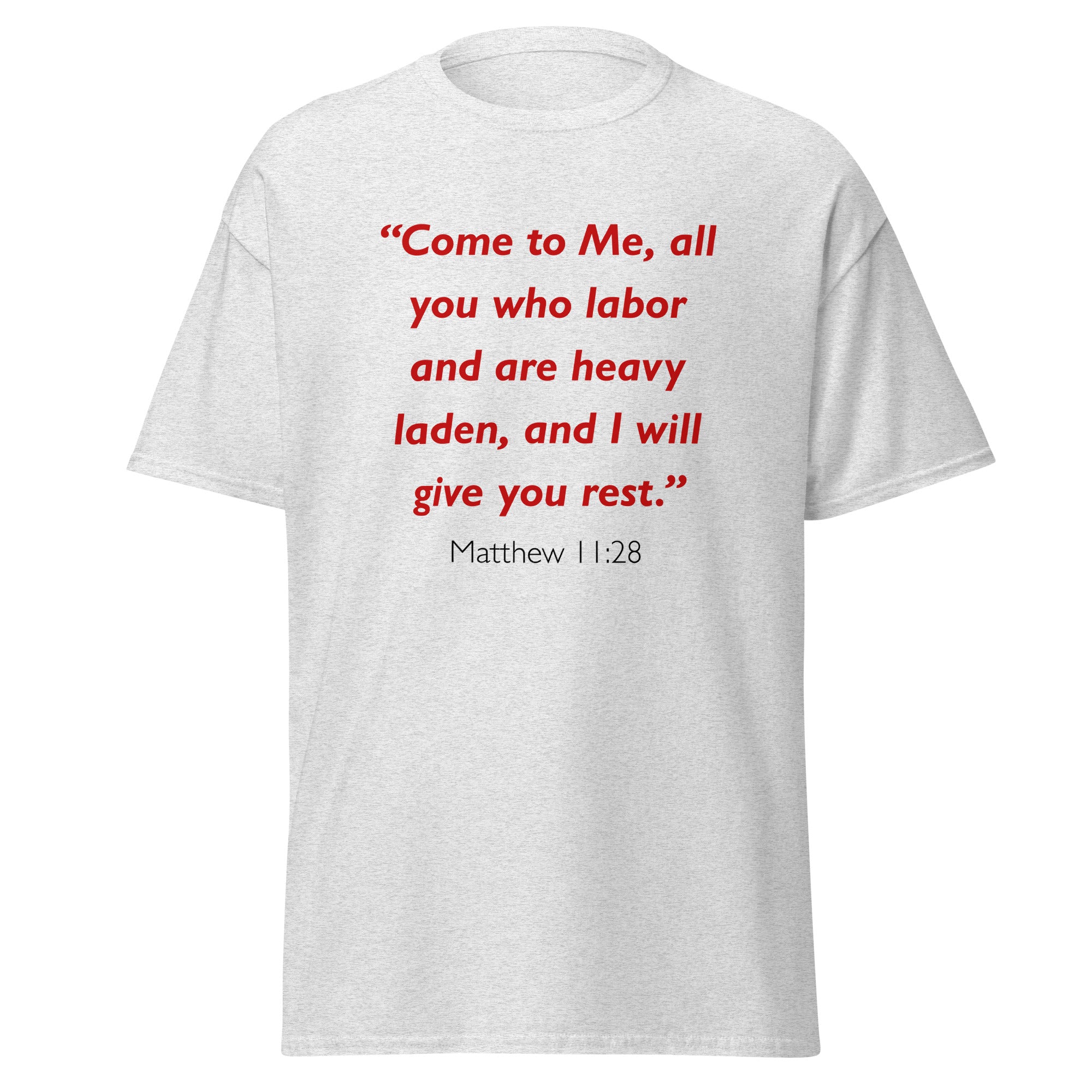 Unisex black t-shirt with Matthew 11:28 Bible verse printed in red text on front