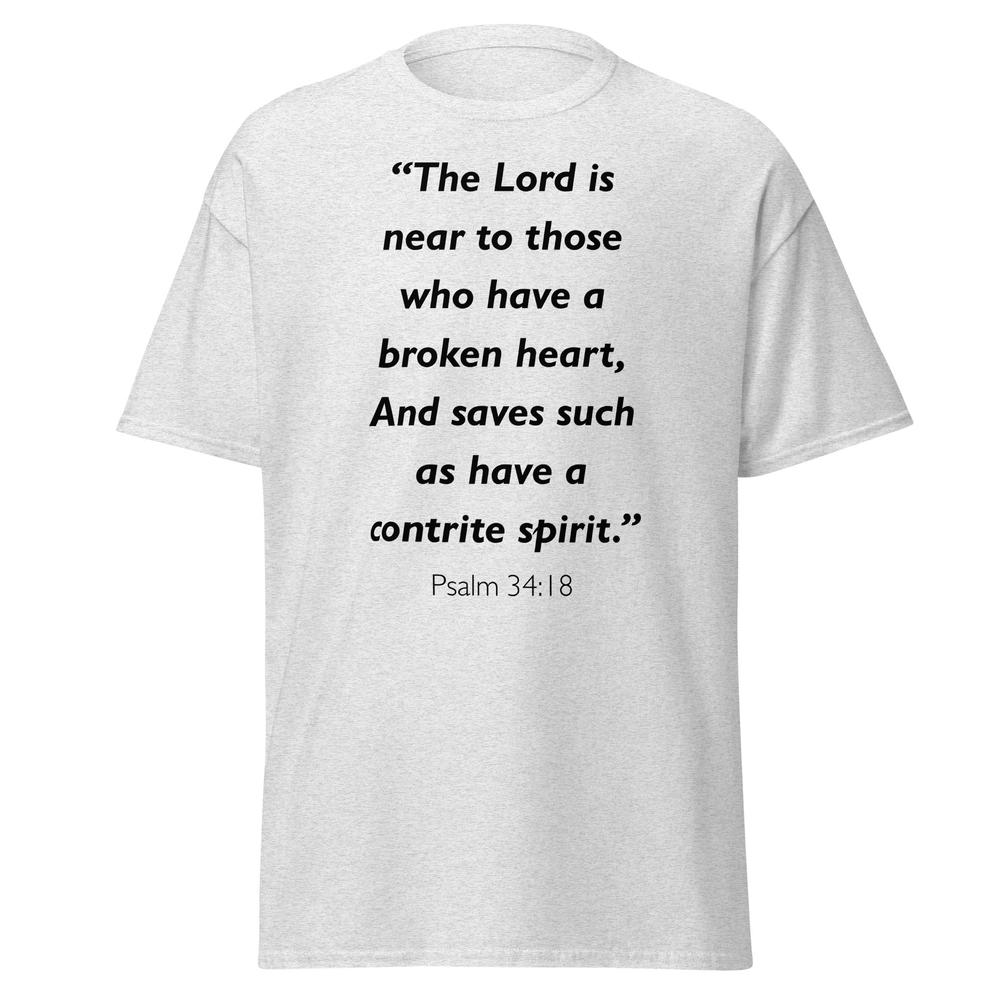 Unisex navy blue t-shirt with Psalm 34:18 Bible verse printed in black text on front