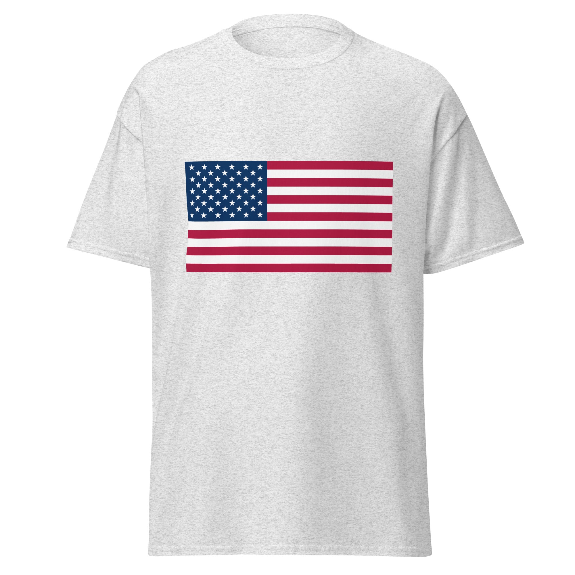 Unisex black t-shirt featuring American flag design printed across the front chest