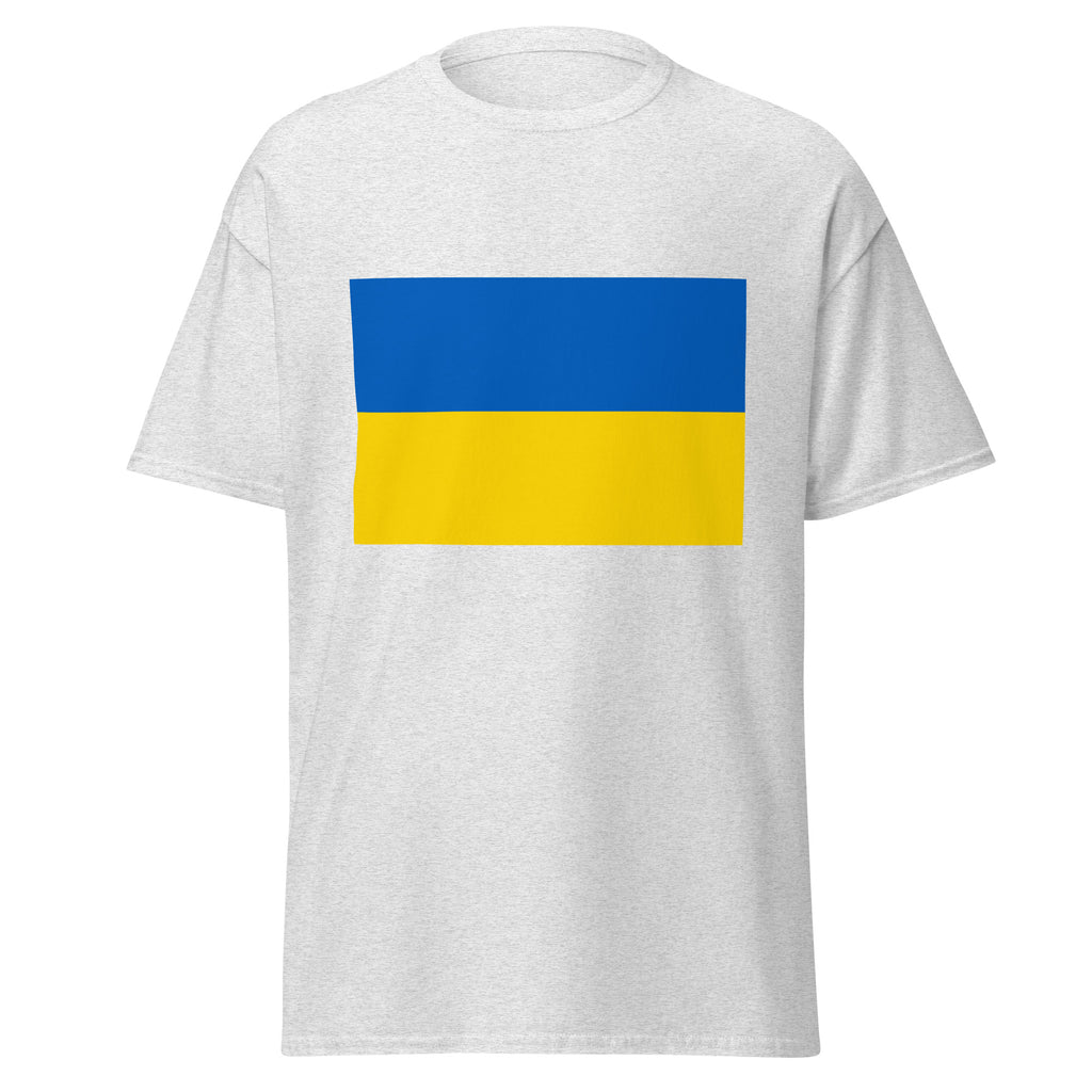 Unisex navy blue t-shirt featuring Ukrainian flag design printed across the front chest
