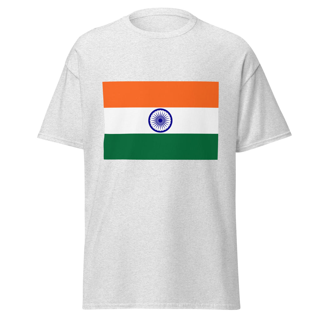 Unisex heather gray t-shirt featuring Indian flag design printed across the front chest