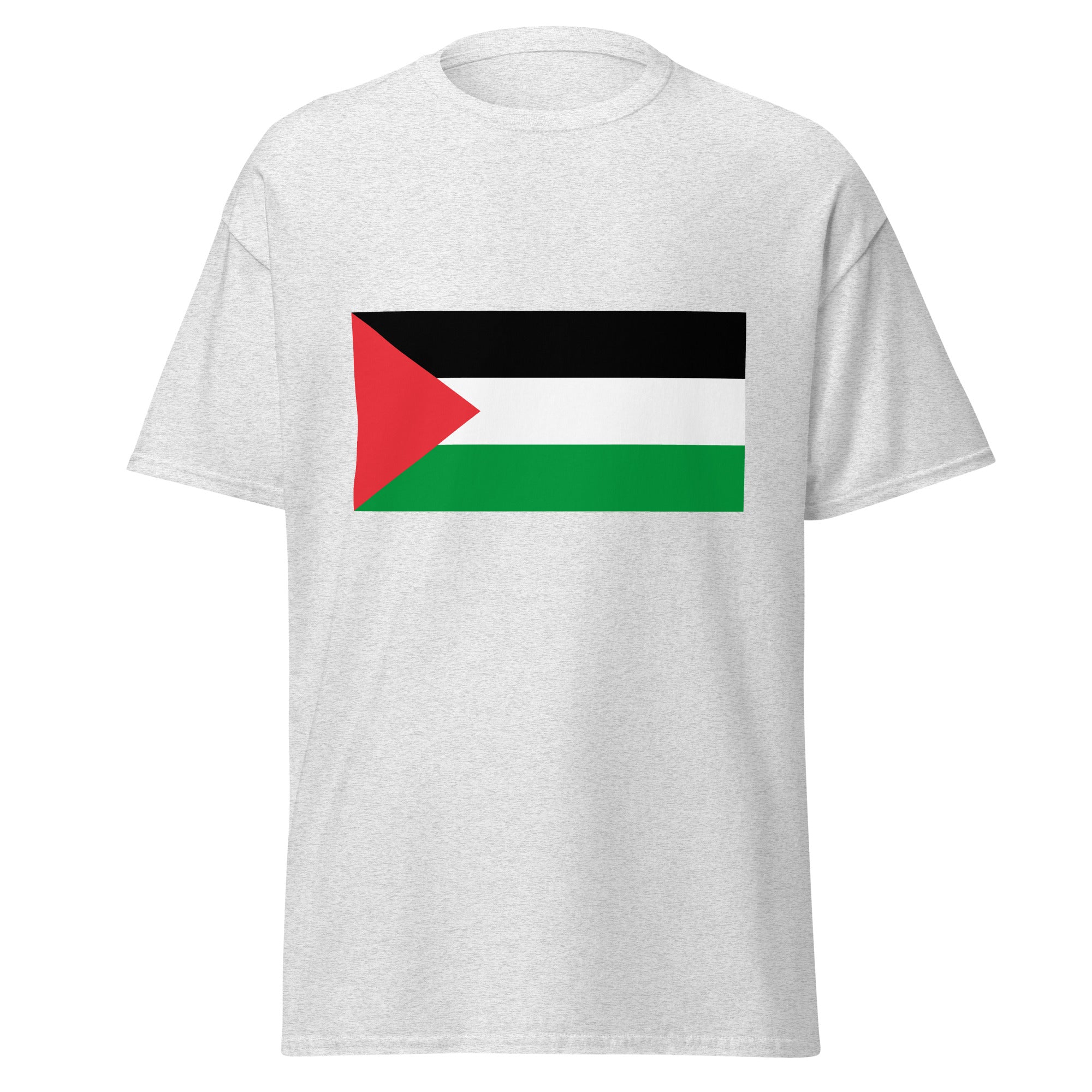 Unisex navy blue t-shirt featuring Palestinian flag design printed across the front chest