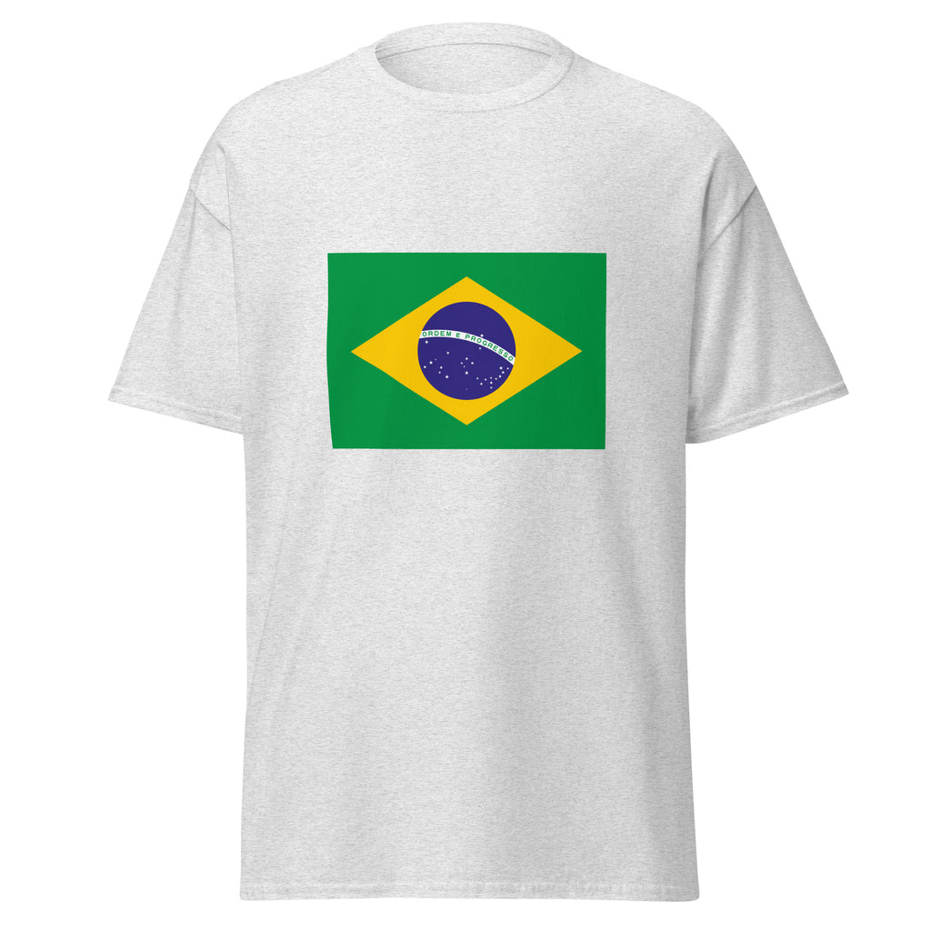Unisex navy blue t-shirt featuring Brazilian flag design printed across the front chest