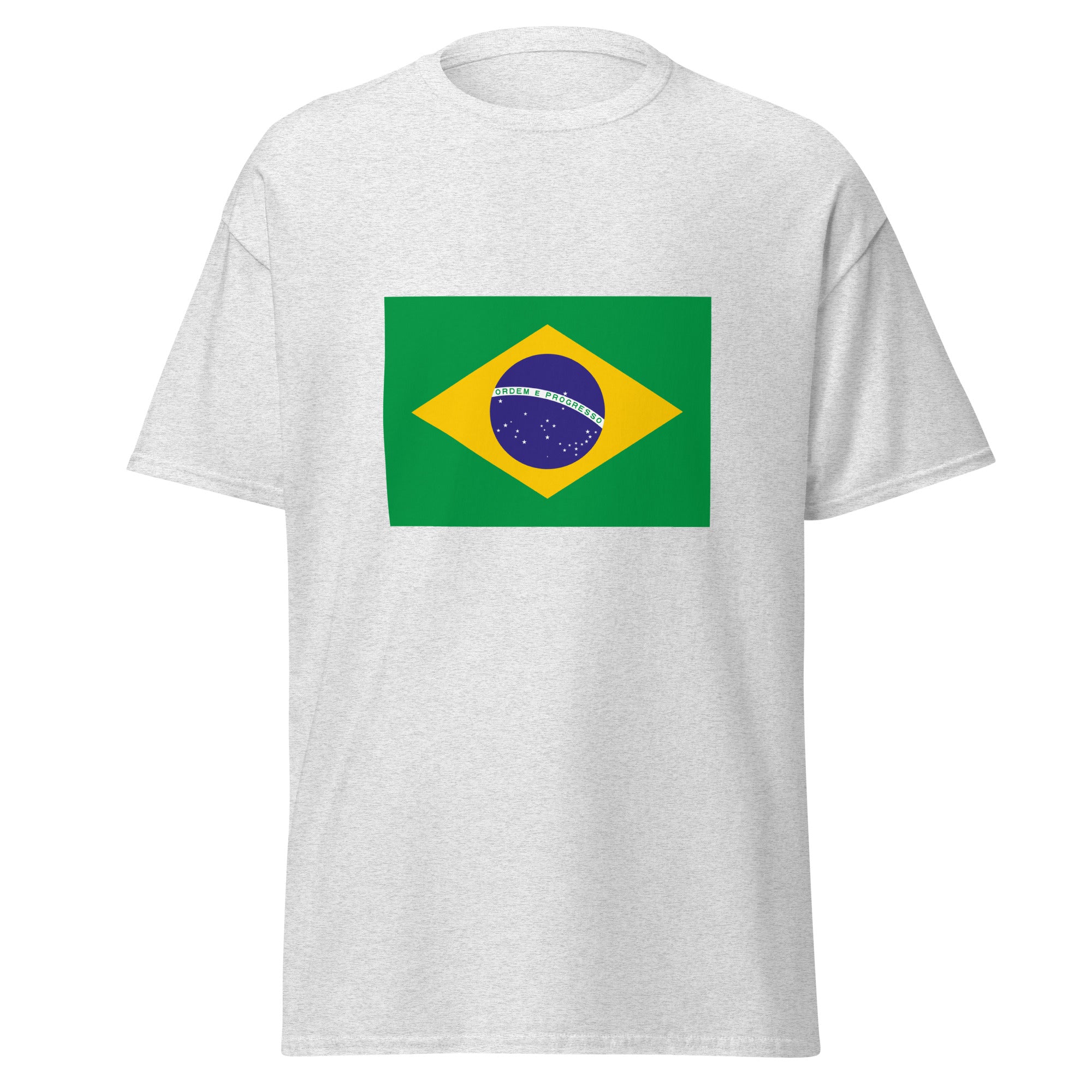 Unisex navy blue t-shirt featuring Brazilian flag design printed across the front chest