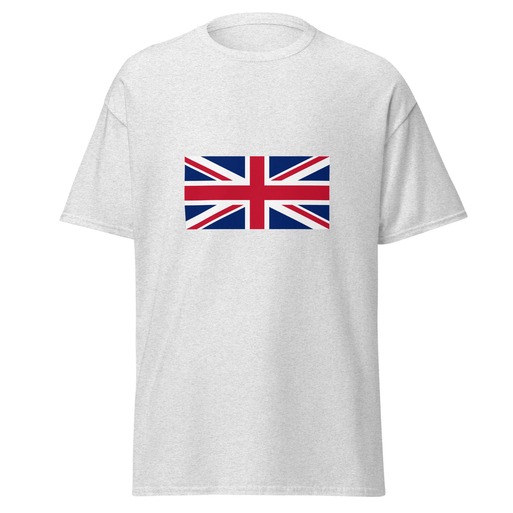 Unisex navy blue t-shirt featuring British flag design printed across the front chest