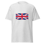 Unisex navy blue t-shirt featuring British flag design printed across the front chest