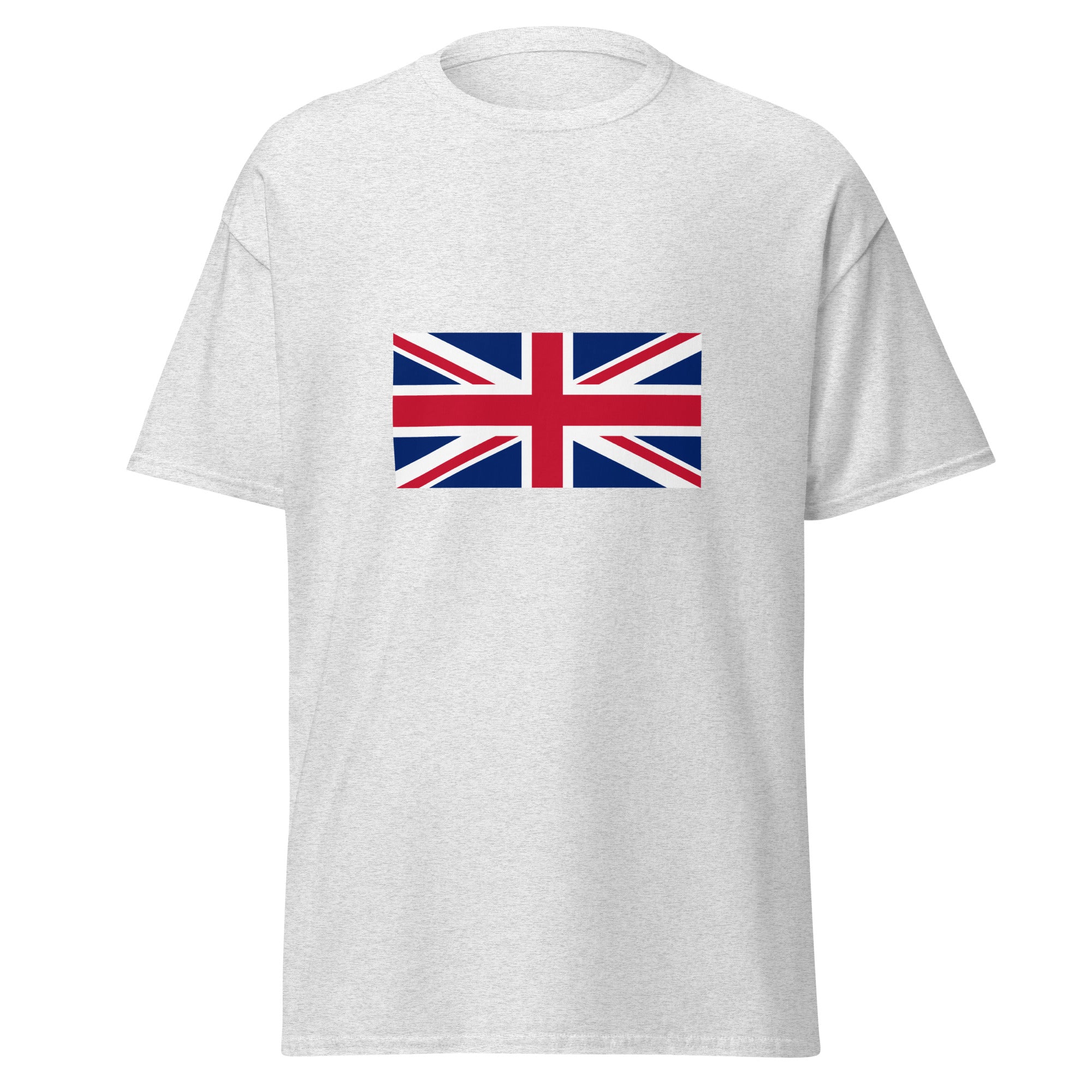 Unisex navy blue t-shirt featuring British flag design printed across the front chest