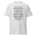 Unisex heather gray t-shirt with Titus 3:5 Bible verse printed in black text on front