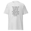 Unisex heather gray t-shirt with Romans 10:9 Bible verse printed in black text on front