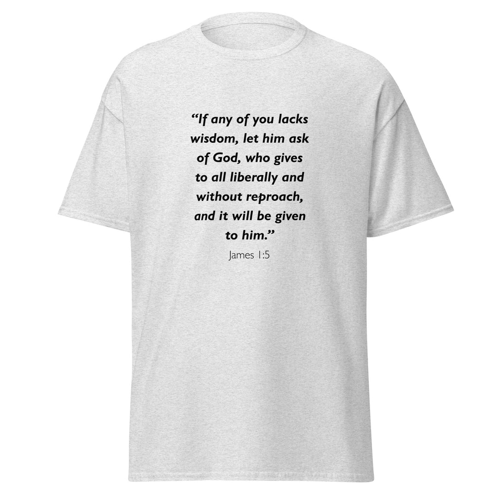 Unisex navy blue t-shirt with James 1:5 Bible verse printed in black text on front