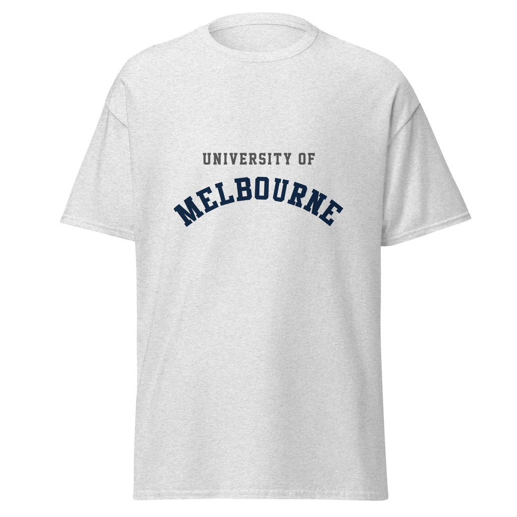 Unisex black t-shirt featuring University of Melbourne logo printed across the front chest