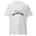 Unisex black t-shirt featuring University of Melbourne logo printed across the front chest