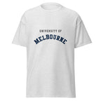 Unisex black t-shirt featuring University of Melbourne logo printed across the front chest