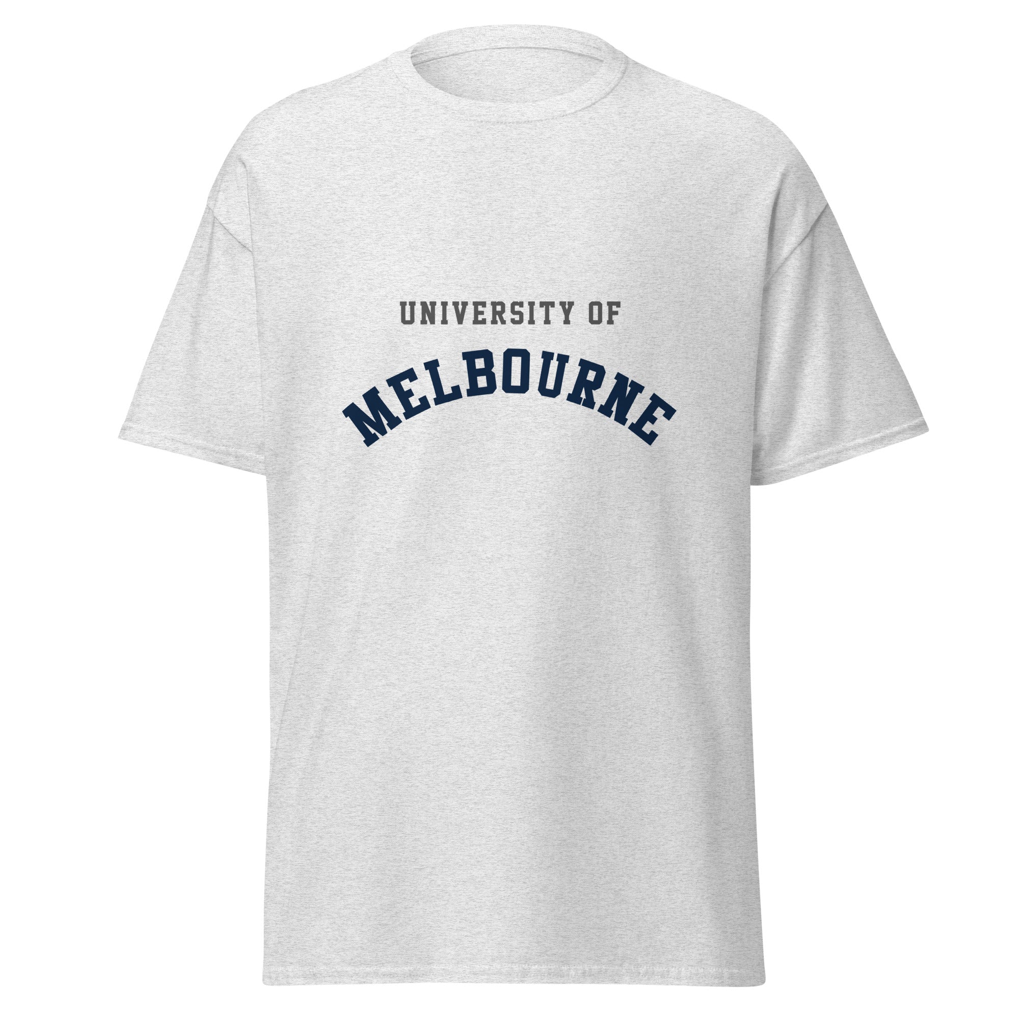 Unisex black t-shirt featuring University of Melbourne logo printed across the front chest