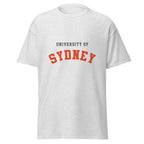 Unisex black t-shirt featuring University of Sydney logo printed across the front chest