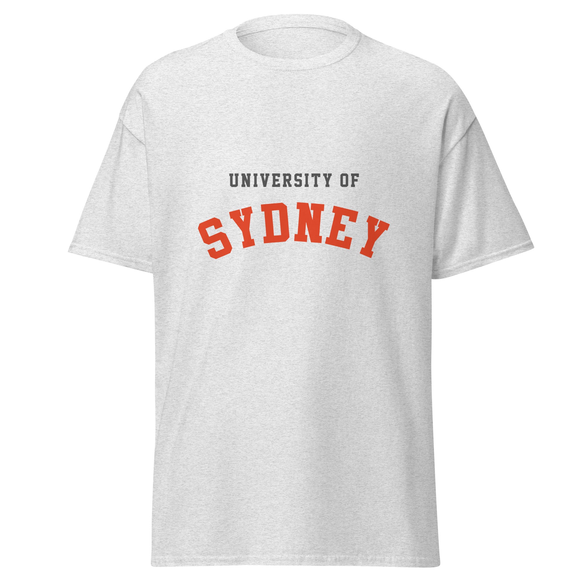 Unisex black t-shirt featuring University of Sydney logo printed across the front chest
