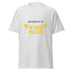 Unisex black t-shirt featuring University of New South Wales logo printed across the front chest