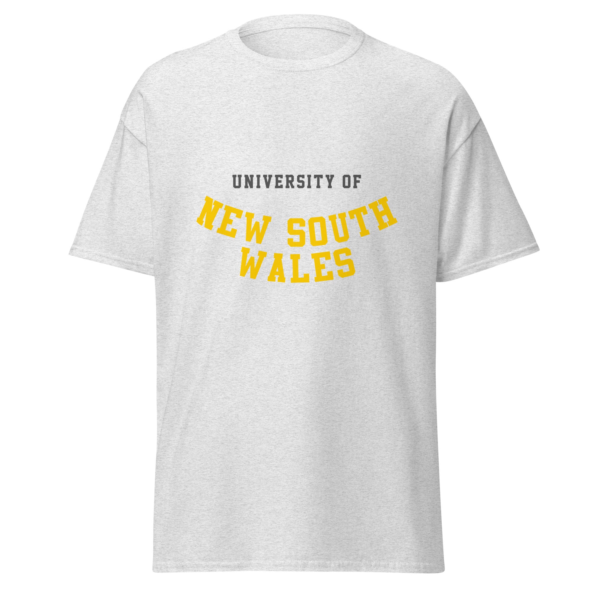 Unisex black t-shirt featuring University of New South Wales logo printed across the front chest