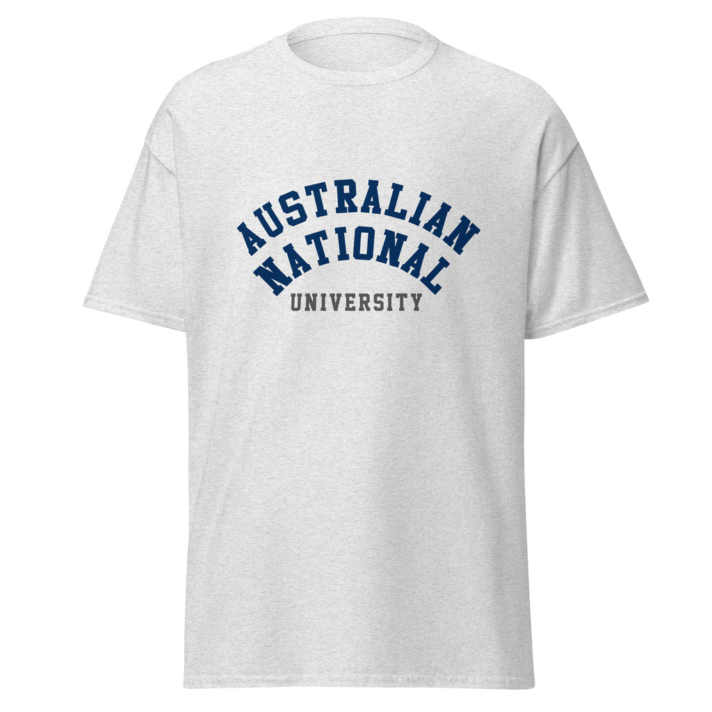 Unisex black t-shirt featuring Australian National University logo printed across the front chest