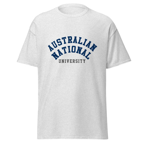 Unisex black t-shirt featuring Australian National University logo printed across the front chest