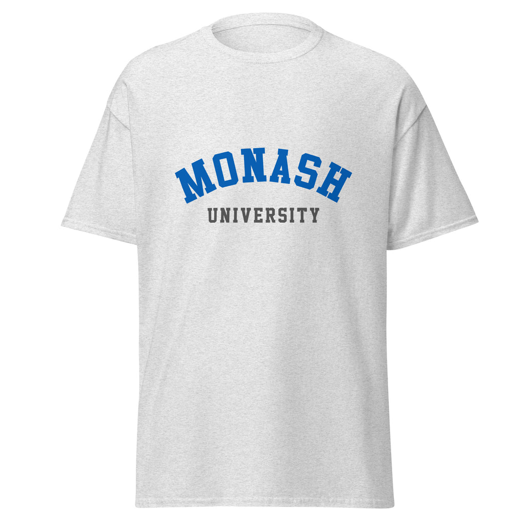 Unisex navy blue t-shirt featuring Monash University logo printed across the front chest