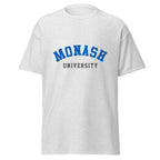 Unisex navy blue t-shirt featuring Monash University logo printed across the front chest