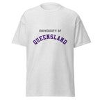 Unisex navy blue t-shirt featuring University of Queensland logo printed across the front chest