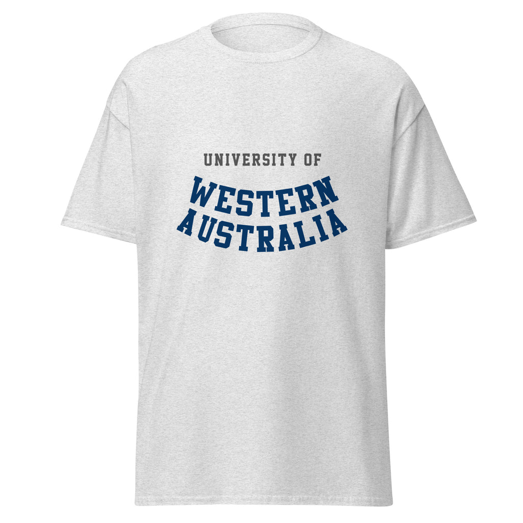 Unisex black t-shirt featuring University of Western Australia logo printed across the front chest