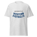 Unisex black t-shirt featuring University of Western Australia logo printed across the front chest