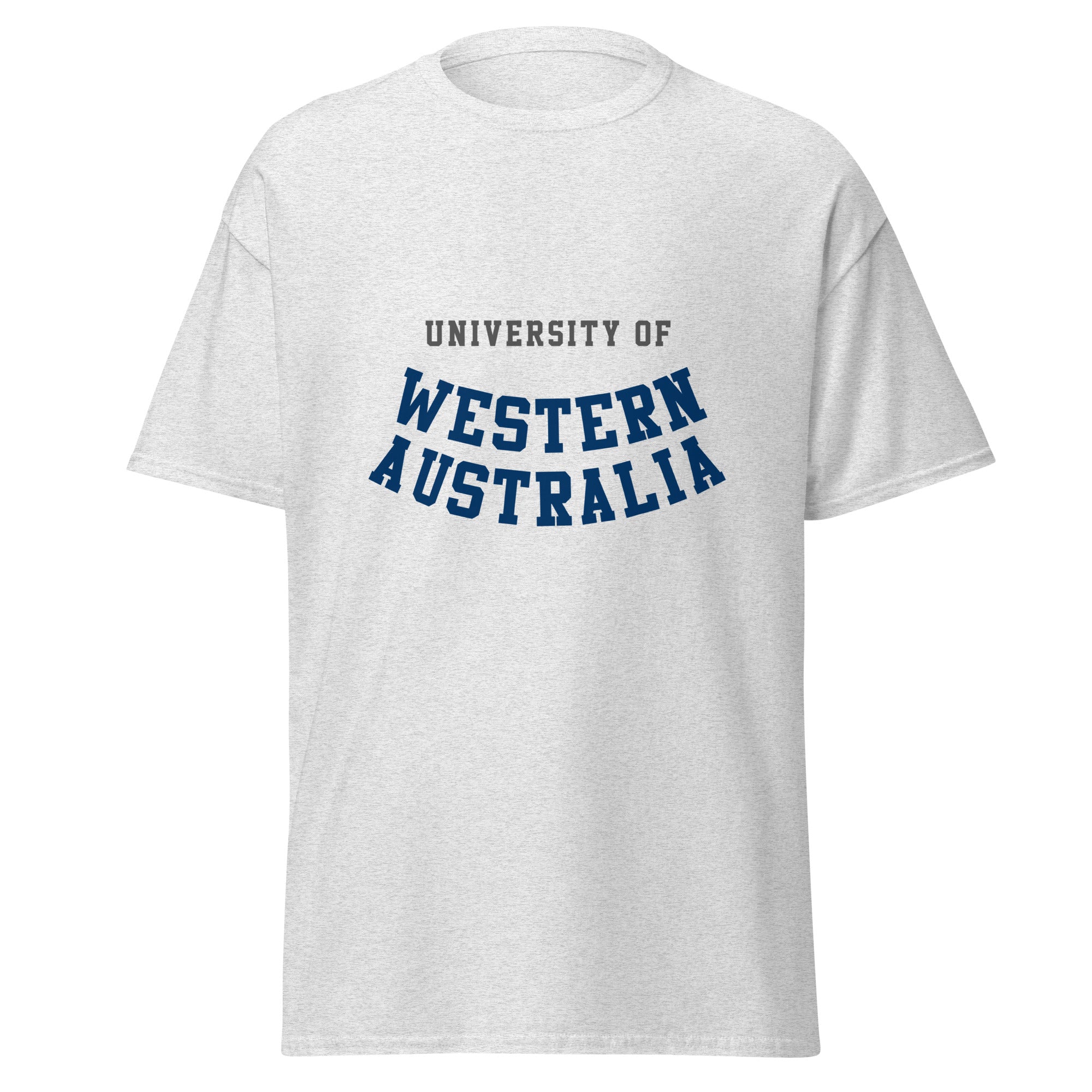 Unisex black t-shirt featuring University of Western Australia logo printed across the front chest
