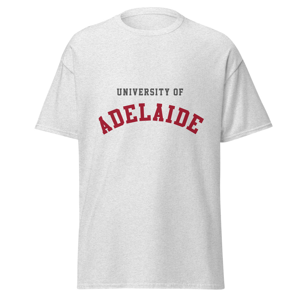 Unisex navy blue t-shirt featuring University of Adelaide logo printed across the front chest