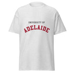 Unisex navy blue t-shirt featuring University of Adelaide logo printed across the front chest