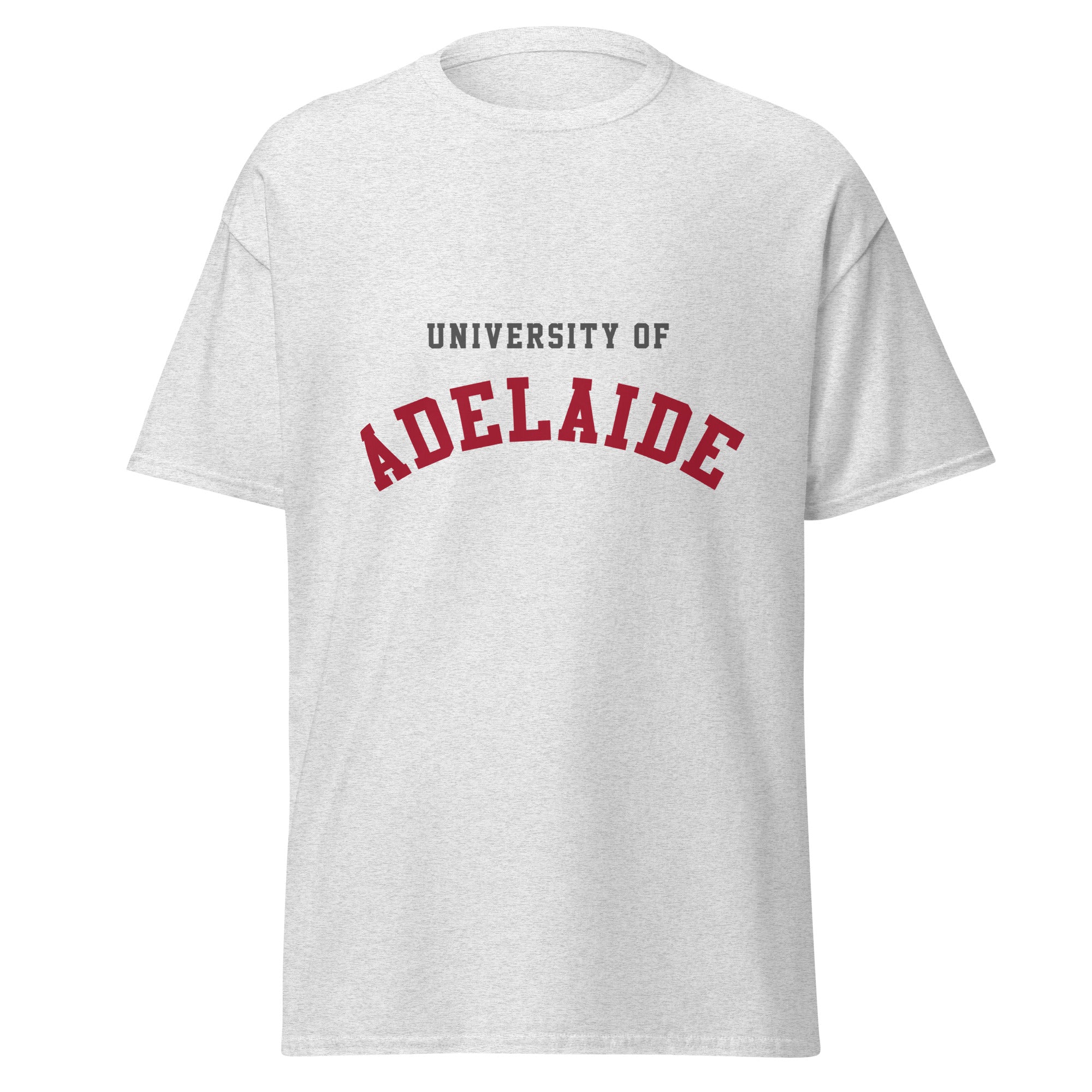 Unisex navy blue t-shirt featuring University of Adelaide logo printed across the front chest
