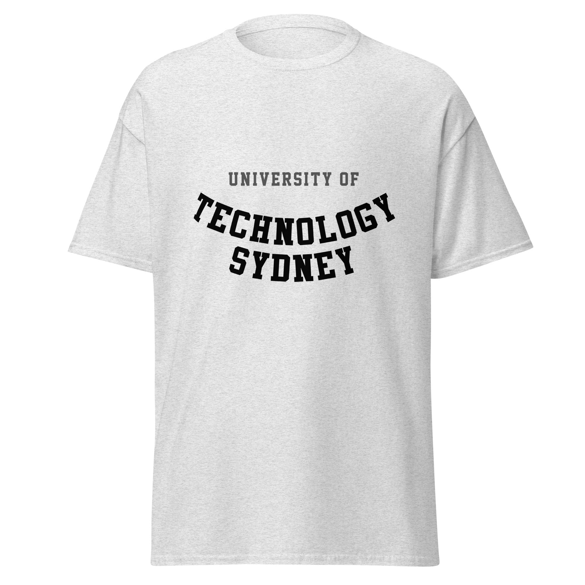 Unisex black t-shirt featuring University of Technology Sydney logo printed across the front chest