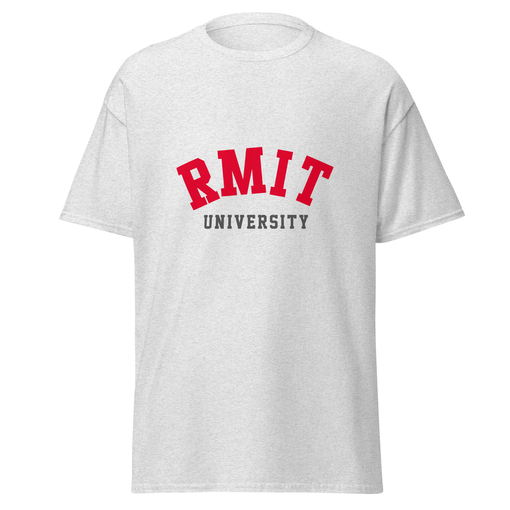 Unisex navy blue t-shirt featuring RMIT University logo printed across the front chest