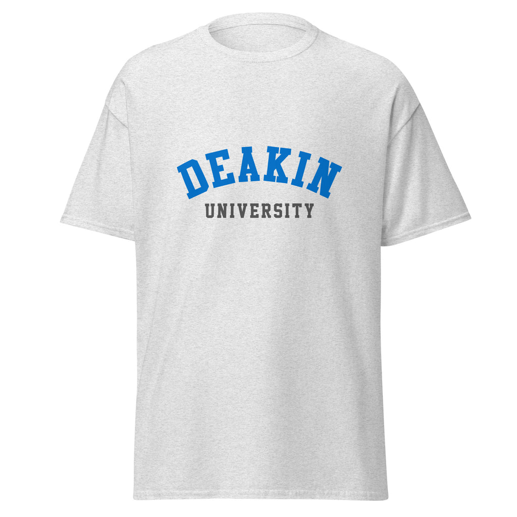 Unisex black t-shirt featuring Deakin University logo printed across the front chest