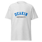 Unisex black t-shirt featuring Deakin University logo printed across the front chest