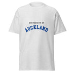 Unisex navy blue t-shirt featuring University of Auckland logo printed across the front chest