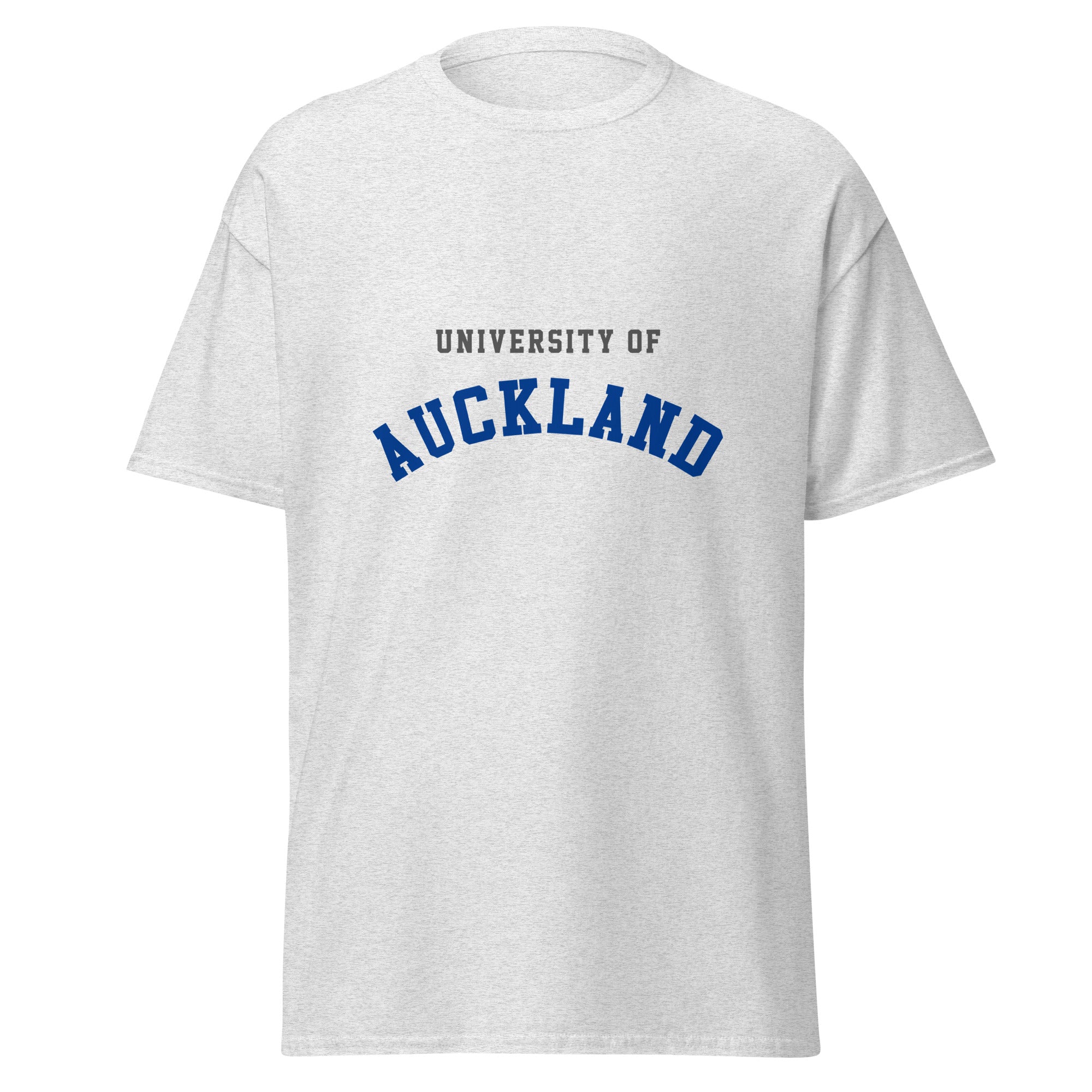 Unisex navy blue t-shirt featuring University of Auckland logo printed across the front chest