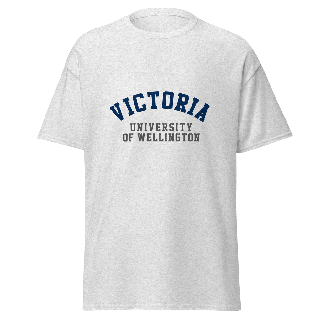 Unisex navy blue t-shirt featuring Victoria University of Wellington logo printed across the front chest