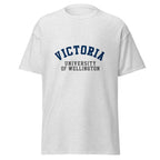 Unisex navy blue t-shirt featuring Victoria University of Wellington logo printed across the front chest