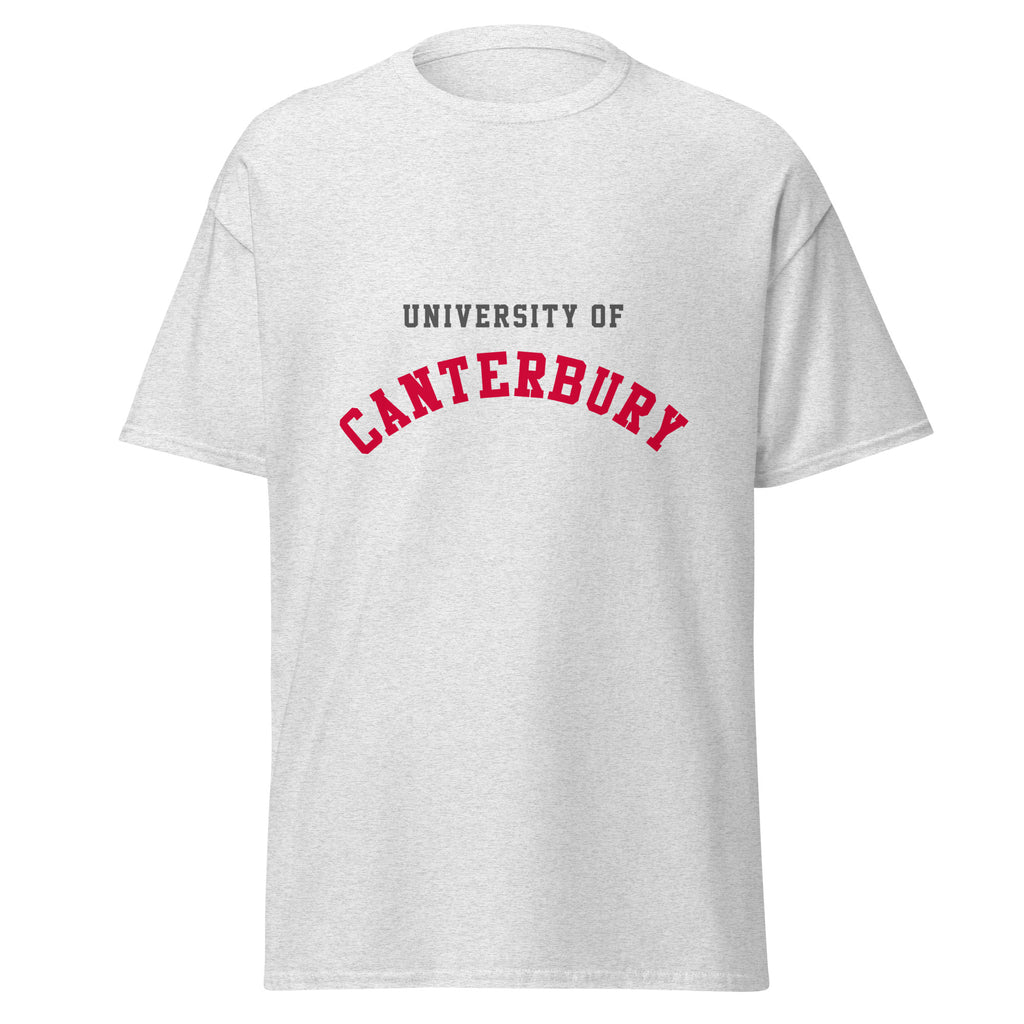 Unisex navy blue t-shirt featuring University of Canterbury logo printed across the front chest
