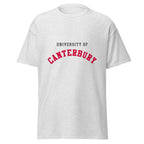 Unisex navy blue t-shirt featuring University of Canterbury logo printed across the front chest