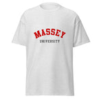 Unisex navy blue t-shirt featuring Massey University logo printed across the front chest